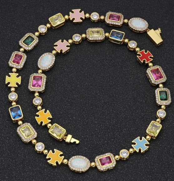 Gold-Plated Hip-Hop Gemstone Necklace – Bold Statement Chain