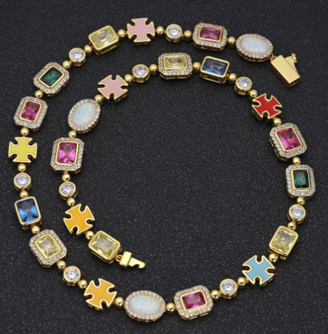 Gold-Plated Hip-Hop Gemstone Necklace – Bold Statement Chain