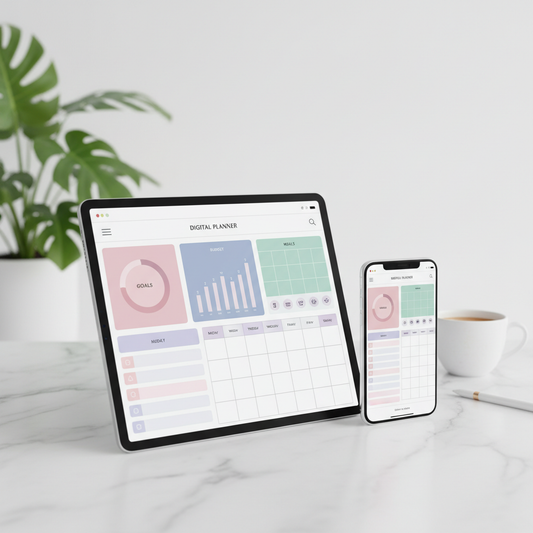 Digital life planner shown on tablet and phone with colorful planning pages